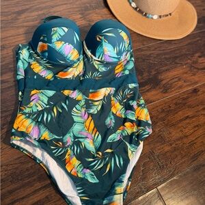 Cupshe Blue and Orange One Piece Swimsuit with Bustier Top